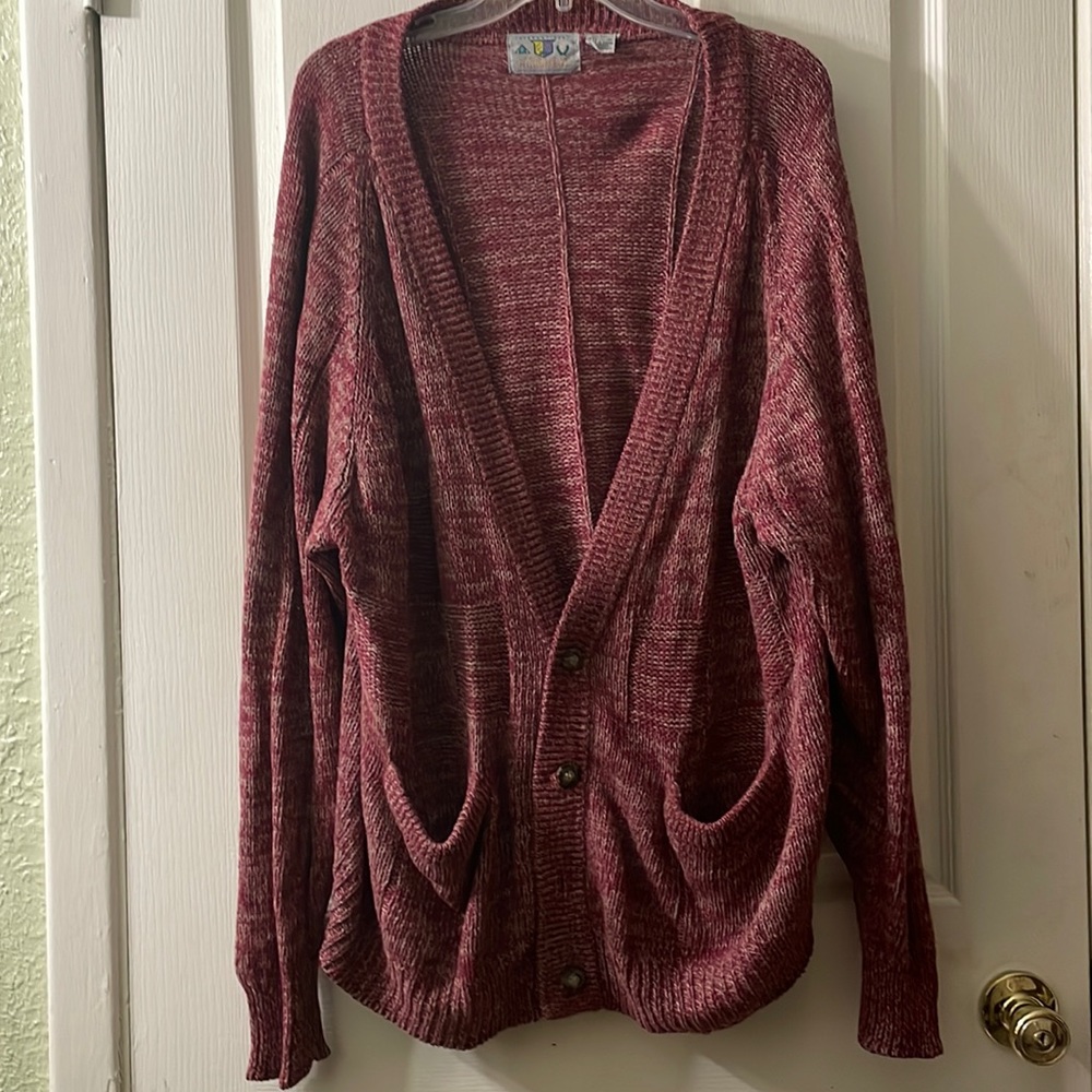 Vintage Marron and Cream woven knit chenille longsleeve double pocket cardigan L